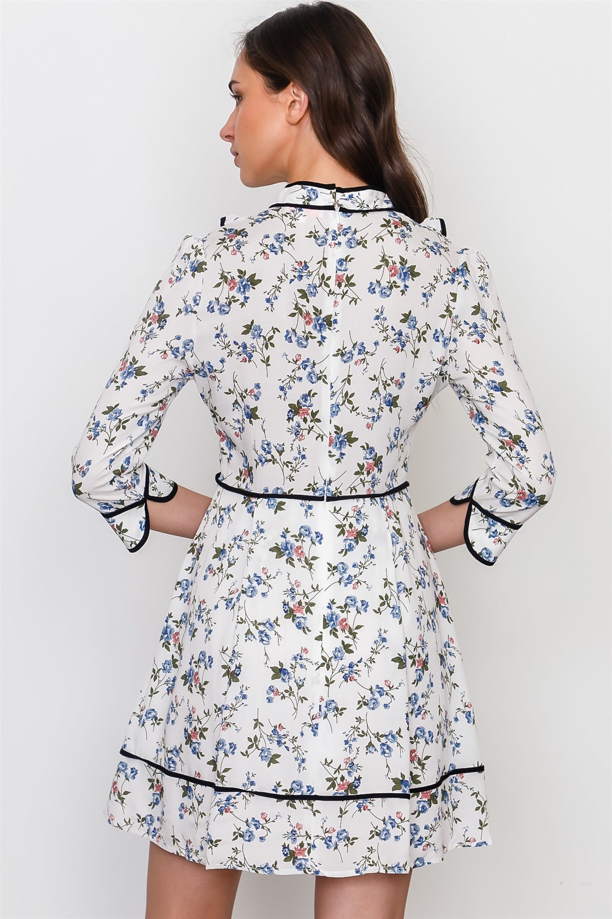 Navy white floral contrast trim ruffle mini dress