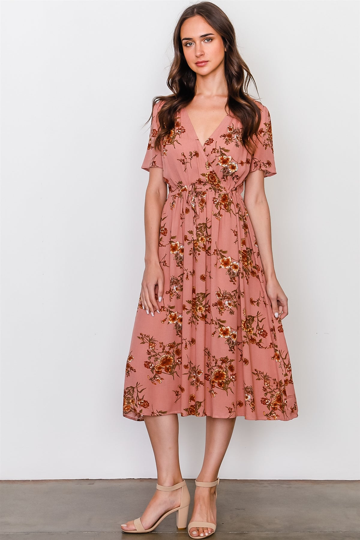 Peach and floral print waist drawstring peasant dress