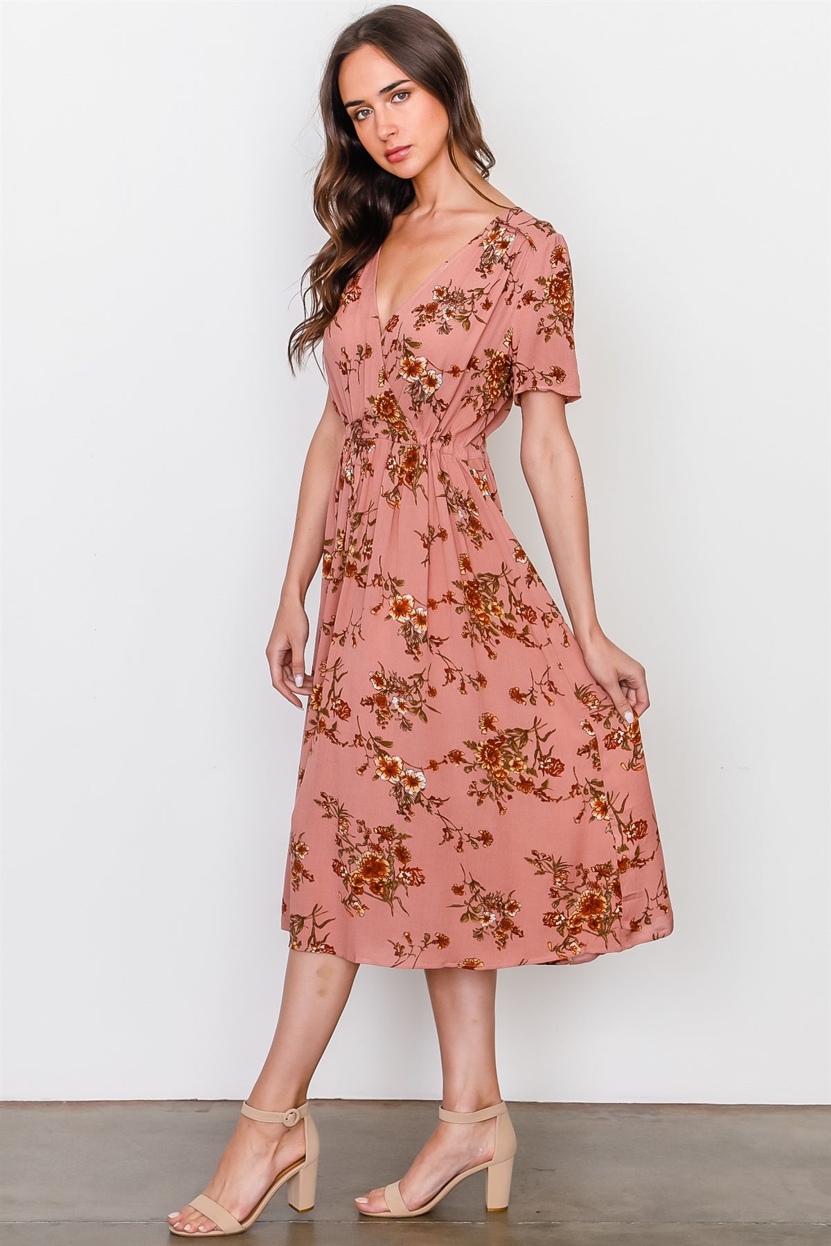 Peach and floral print waist drawstring peasant dress