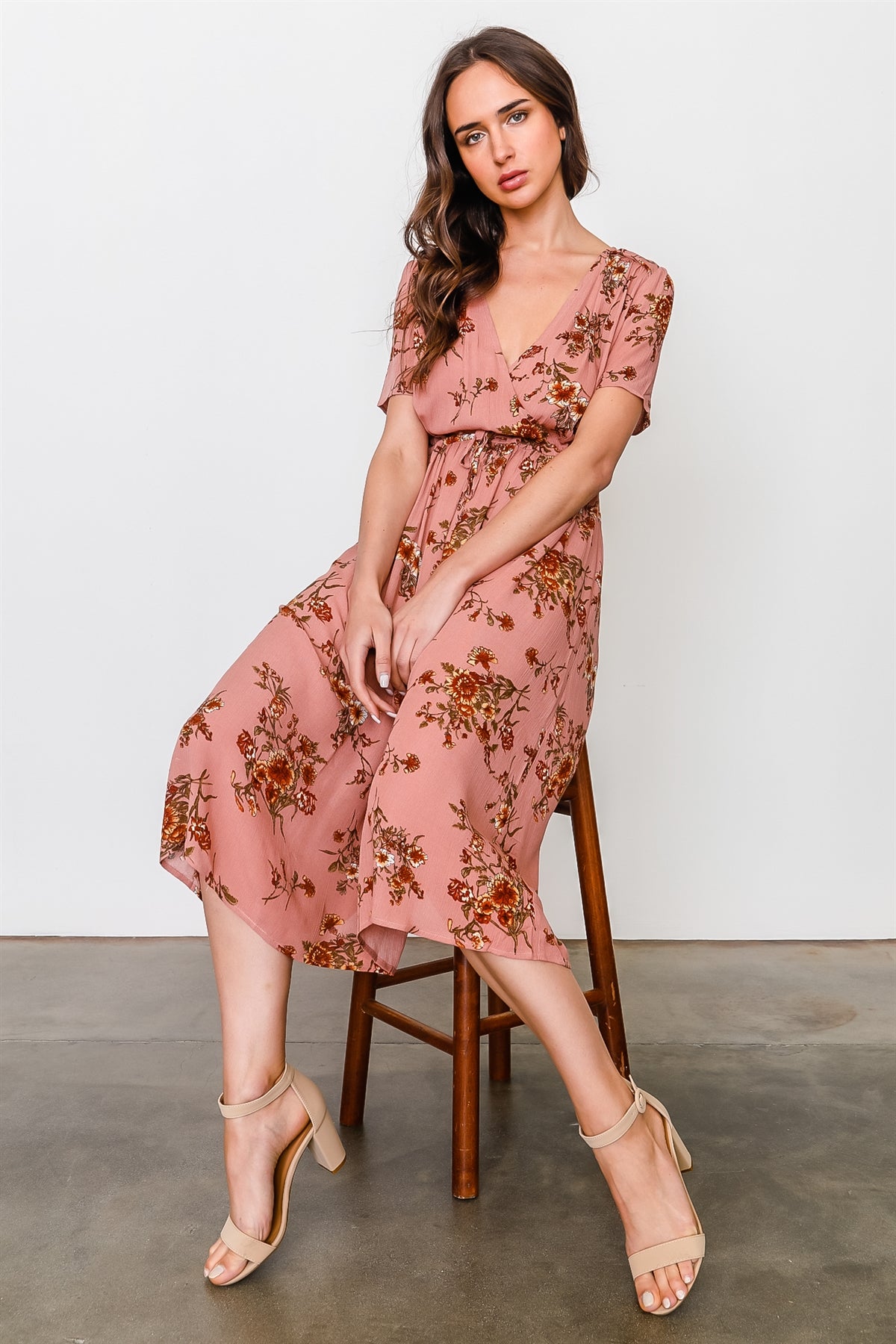 Peach and floral print waist drawstring peasant dress