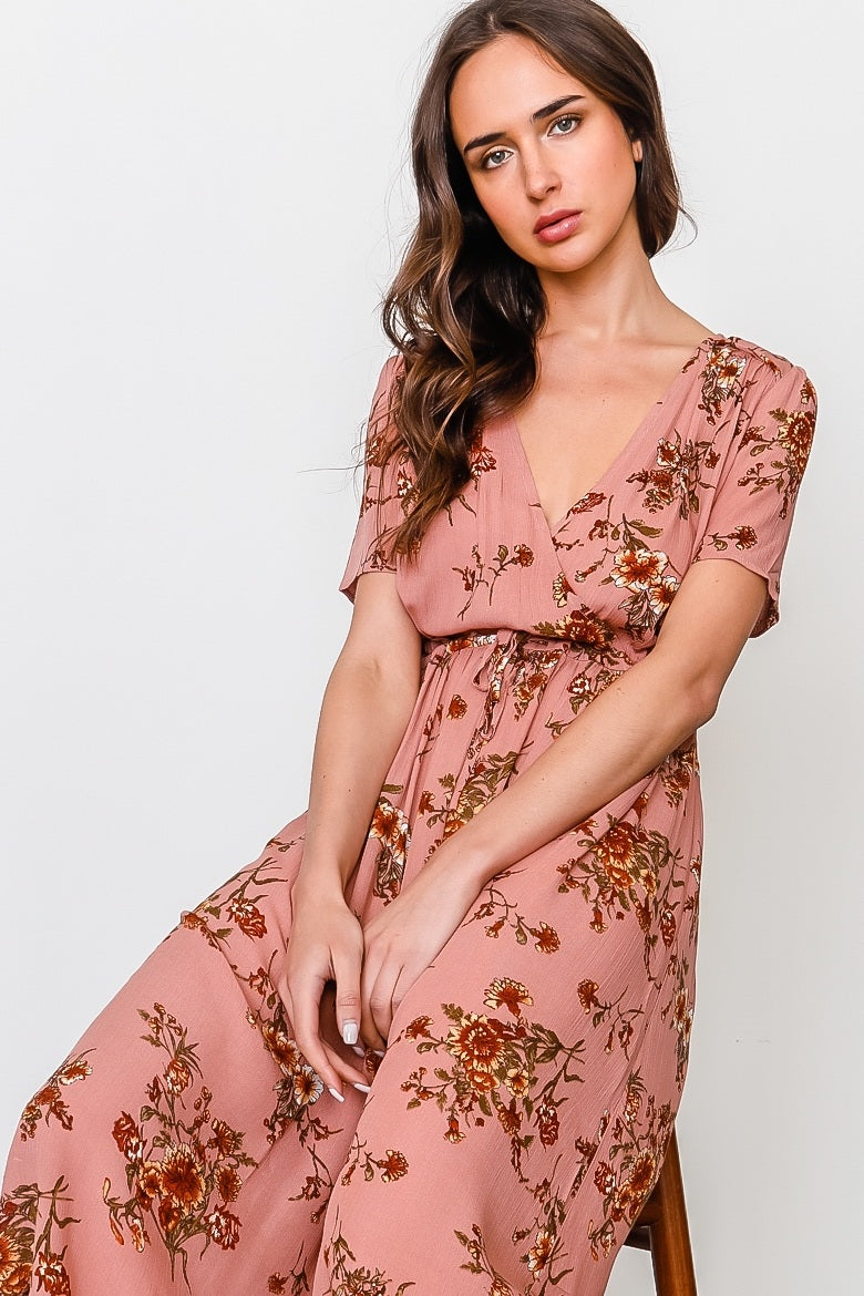 Peach and floral print waist drawstring peasant dress