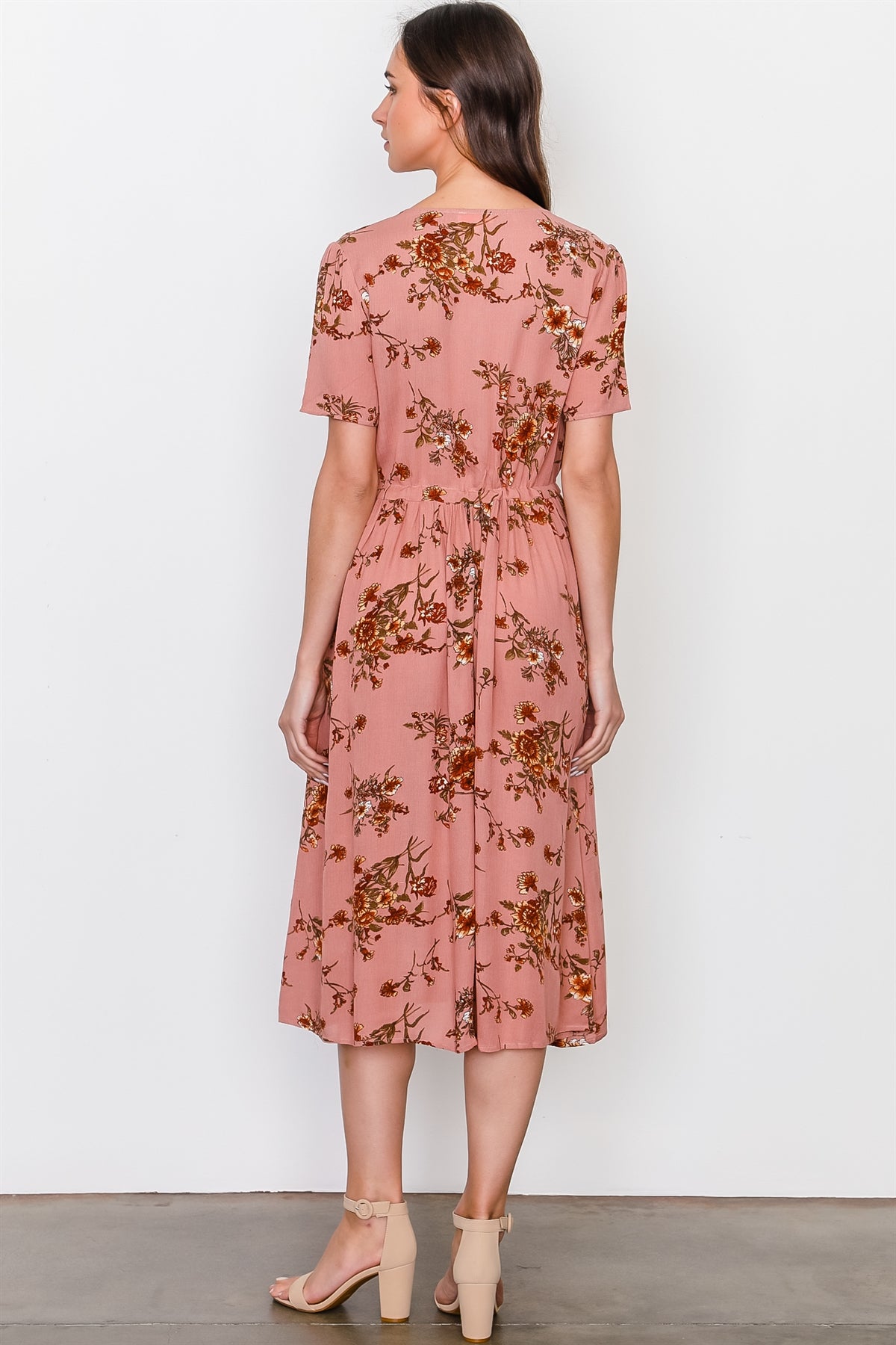 Peach and floral print waist drawstring peasant dress