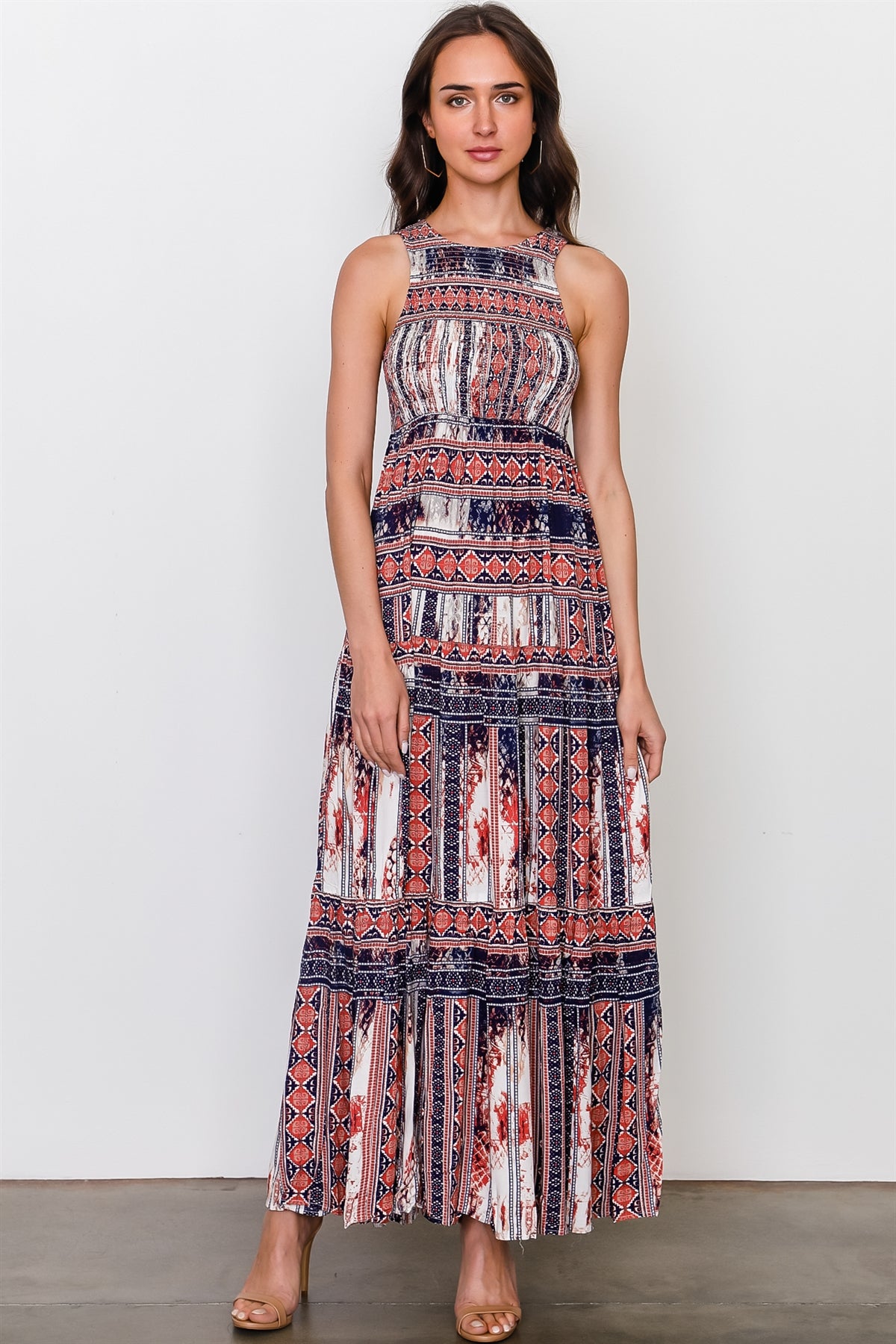 Red blue mix print sleeveless shirred maxi dress