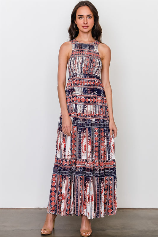 Red blue mix print sleeveless shirred maxi dress