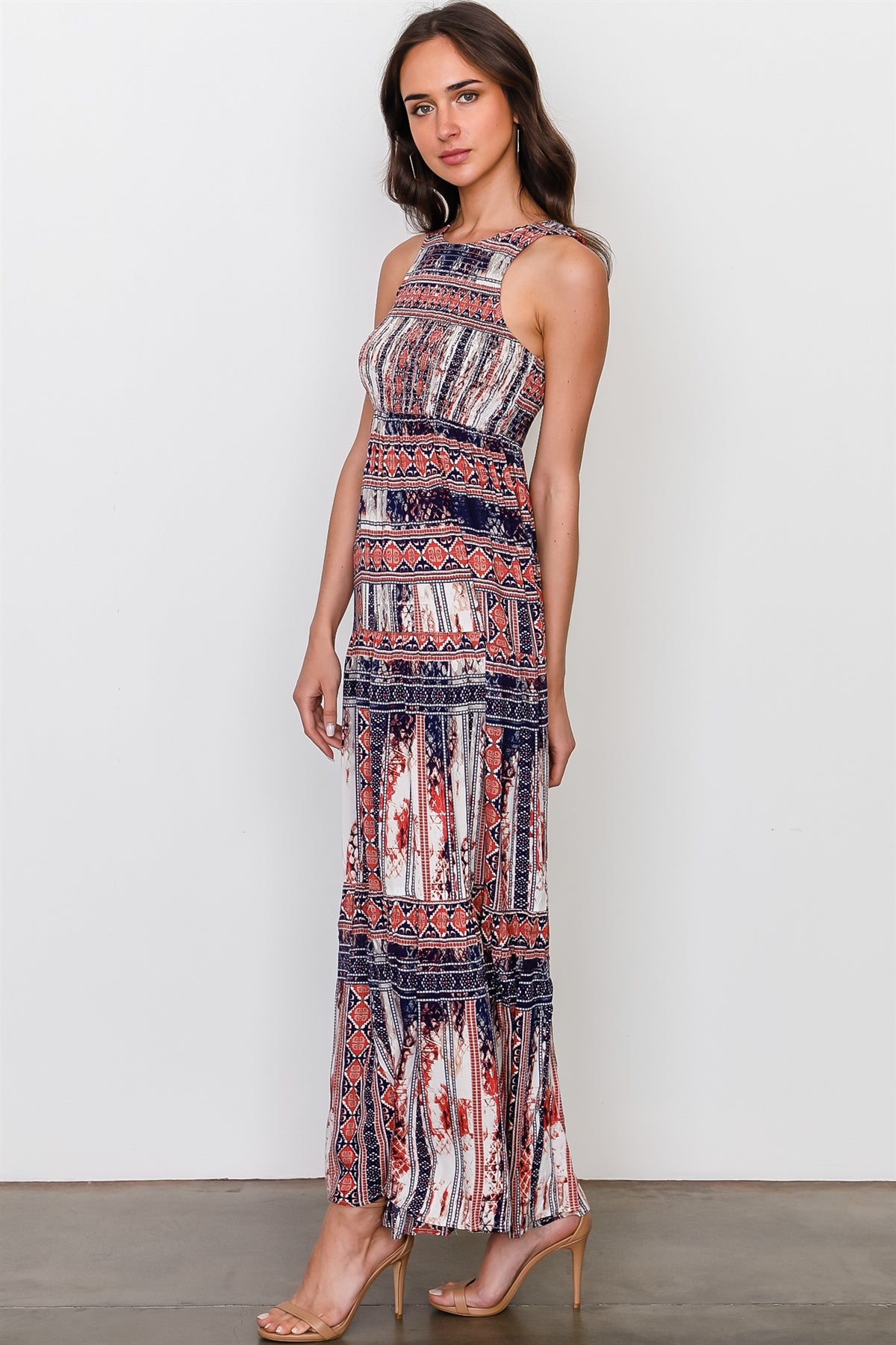 Red blue mix print sleeveless shirred maxi dress