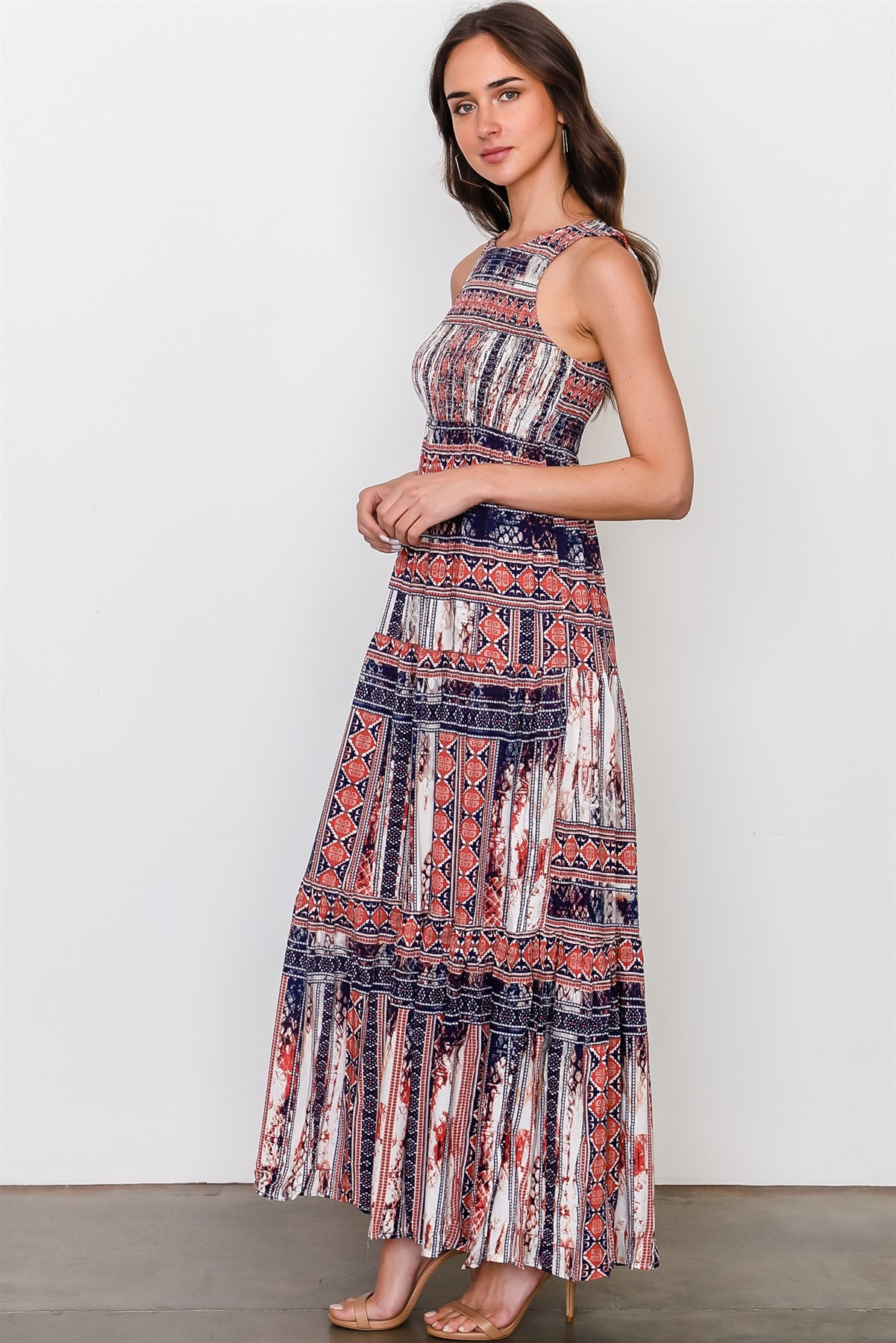 Red blue mix print sleeveless shirred maxi dress