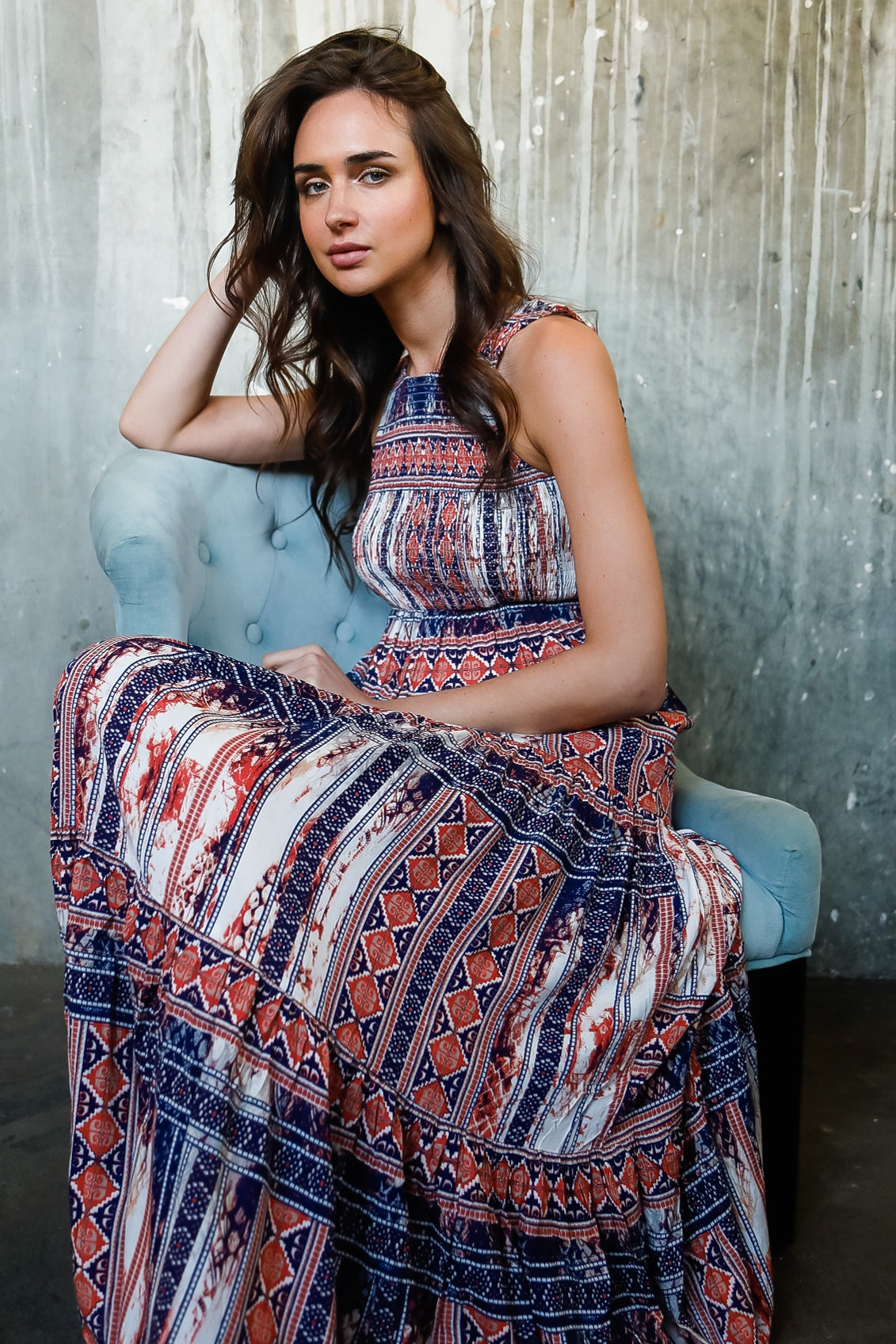 Red blue mix print sleeveless shirred maxi dress