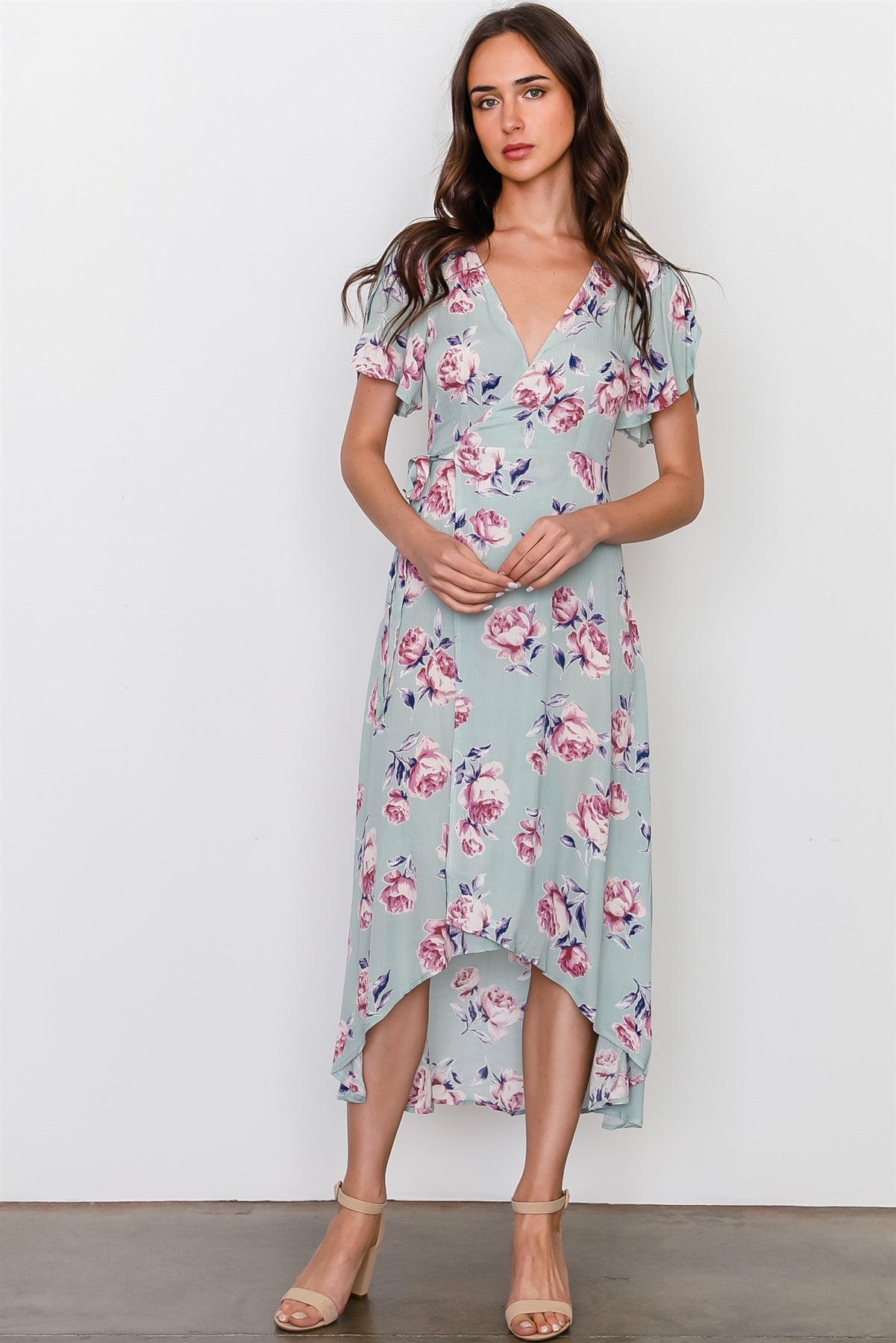Sage rose print wrap around hi-low dress