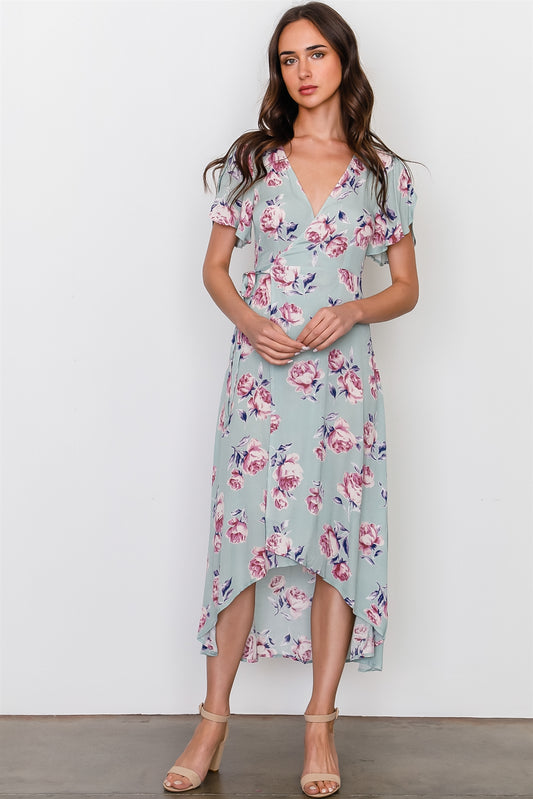 Sage rose print wrap around hi-low dress
