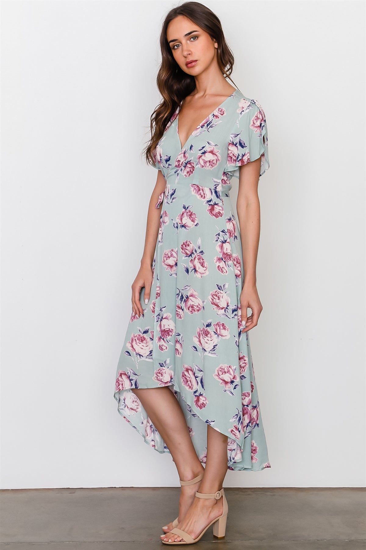 Sage rose print wrap around hi-low dress