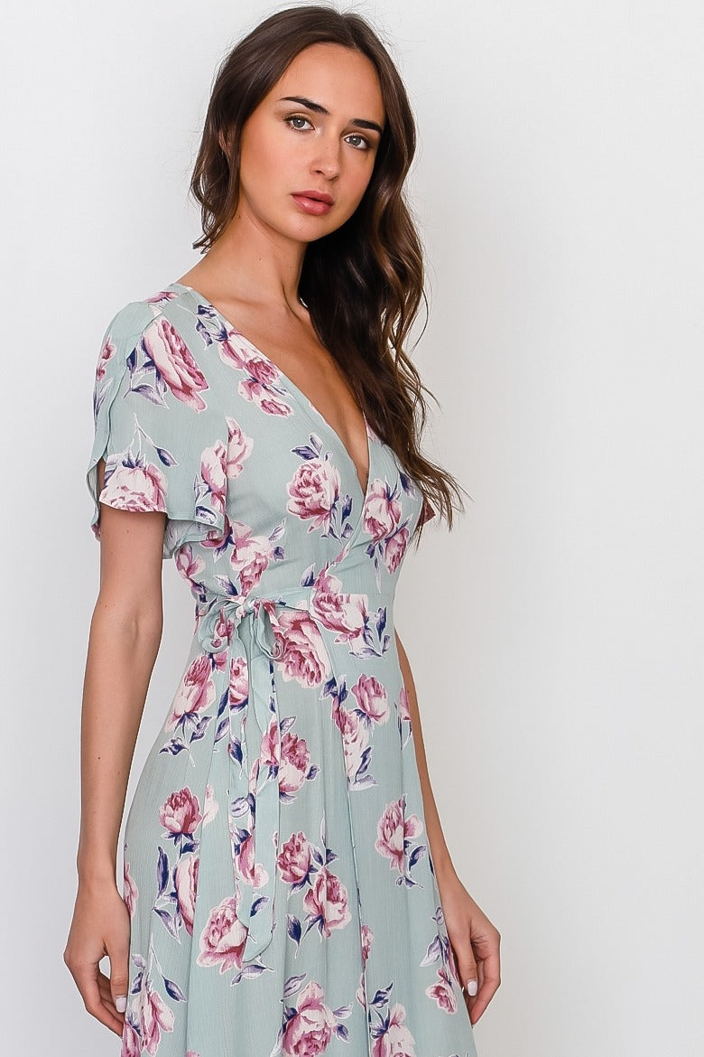 Sage rose print wrap around hi-low dress