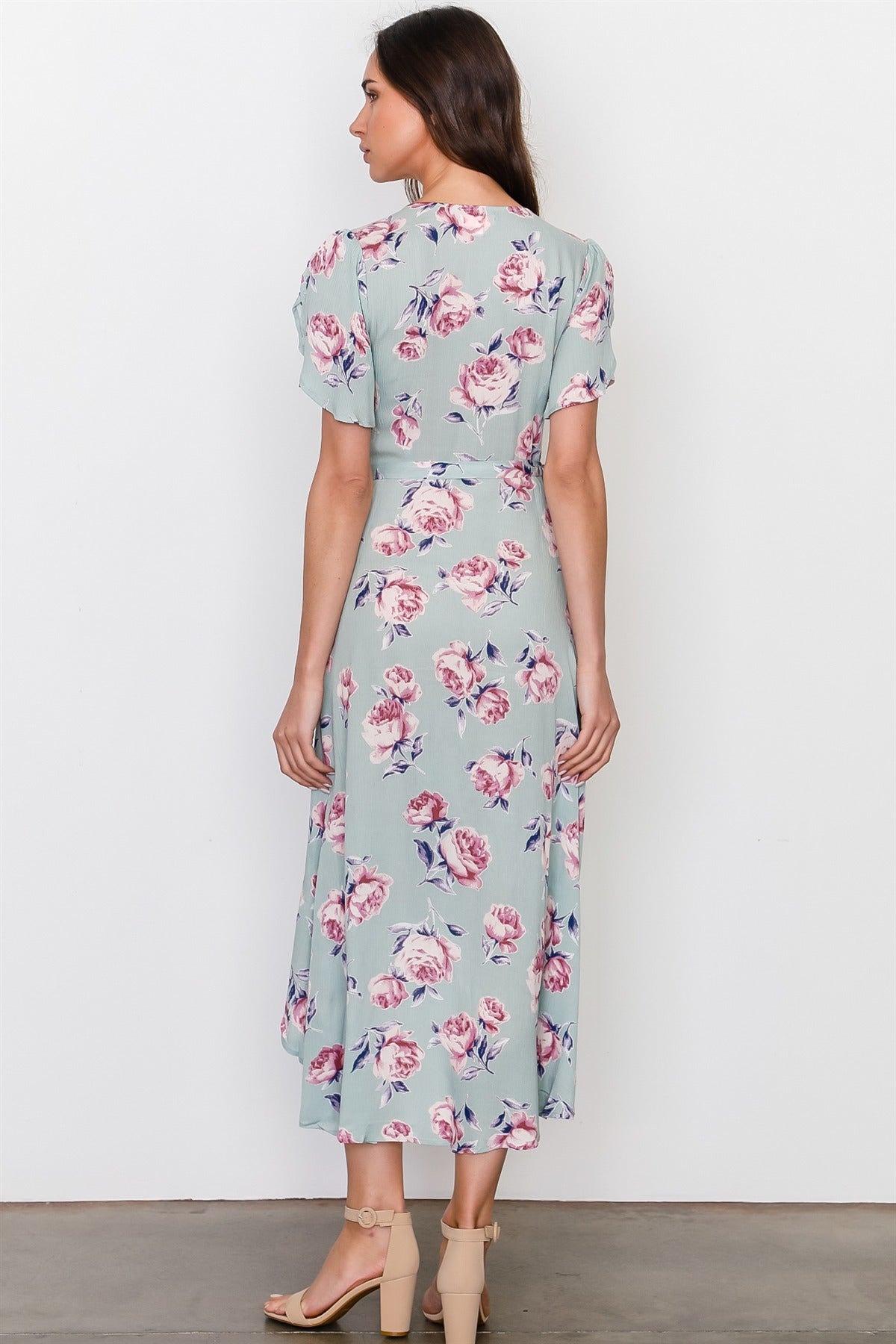 Sage rose print wrap around hi-low dress