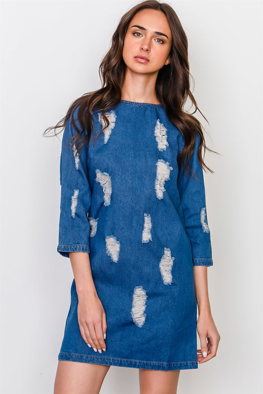Denim distressed mini dress