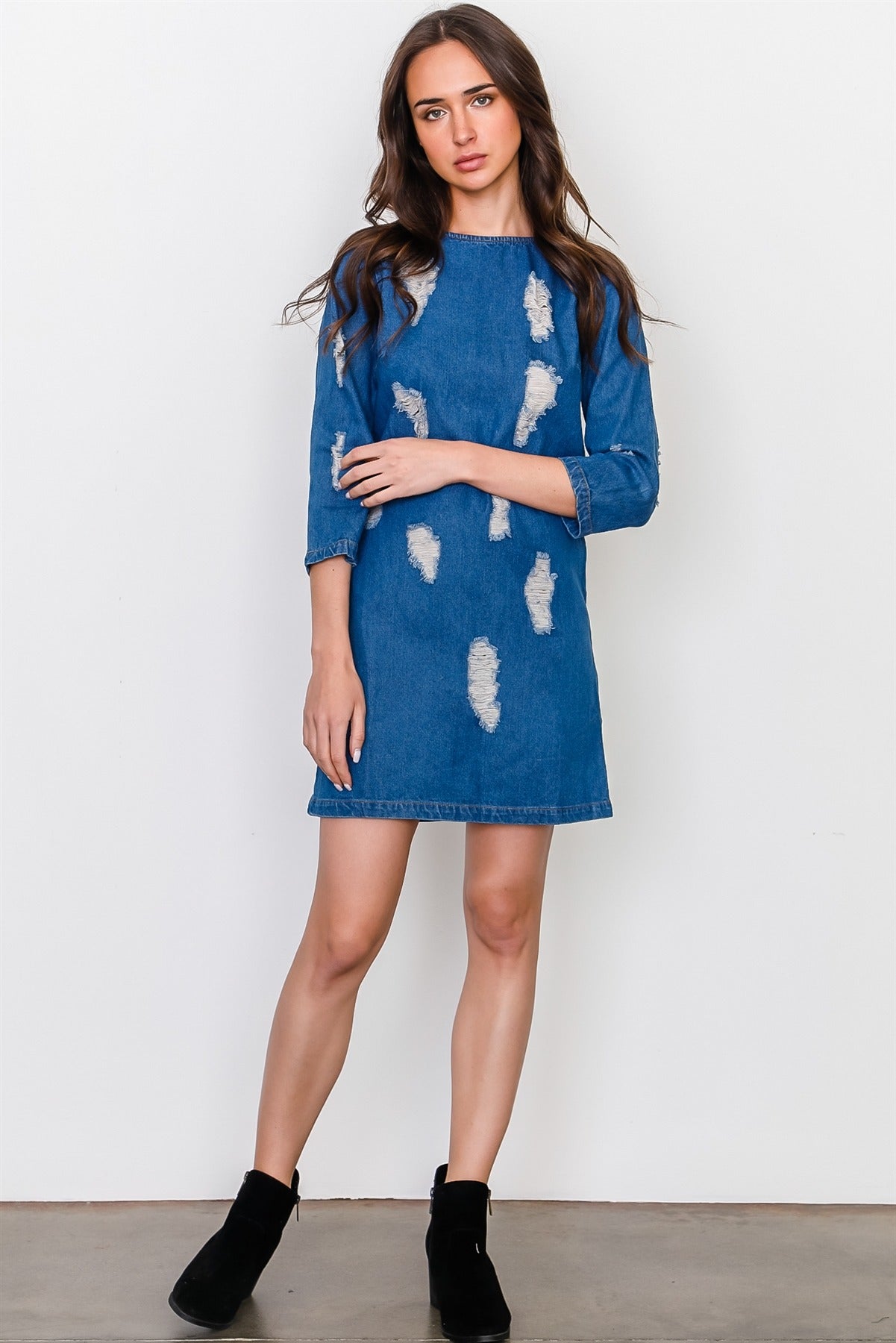 Denim distressed mini dress