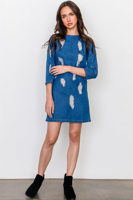 Denim distressed mini dress