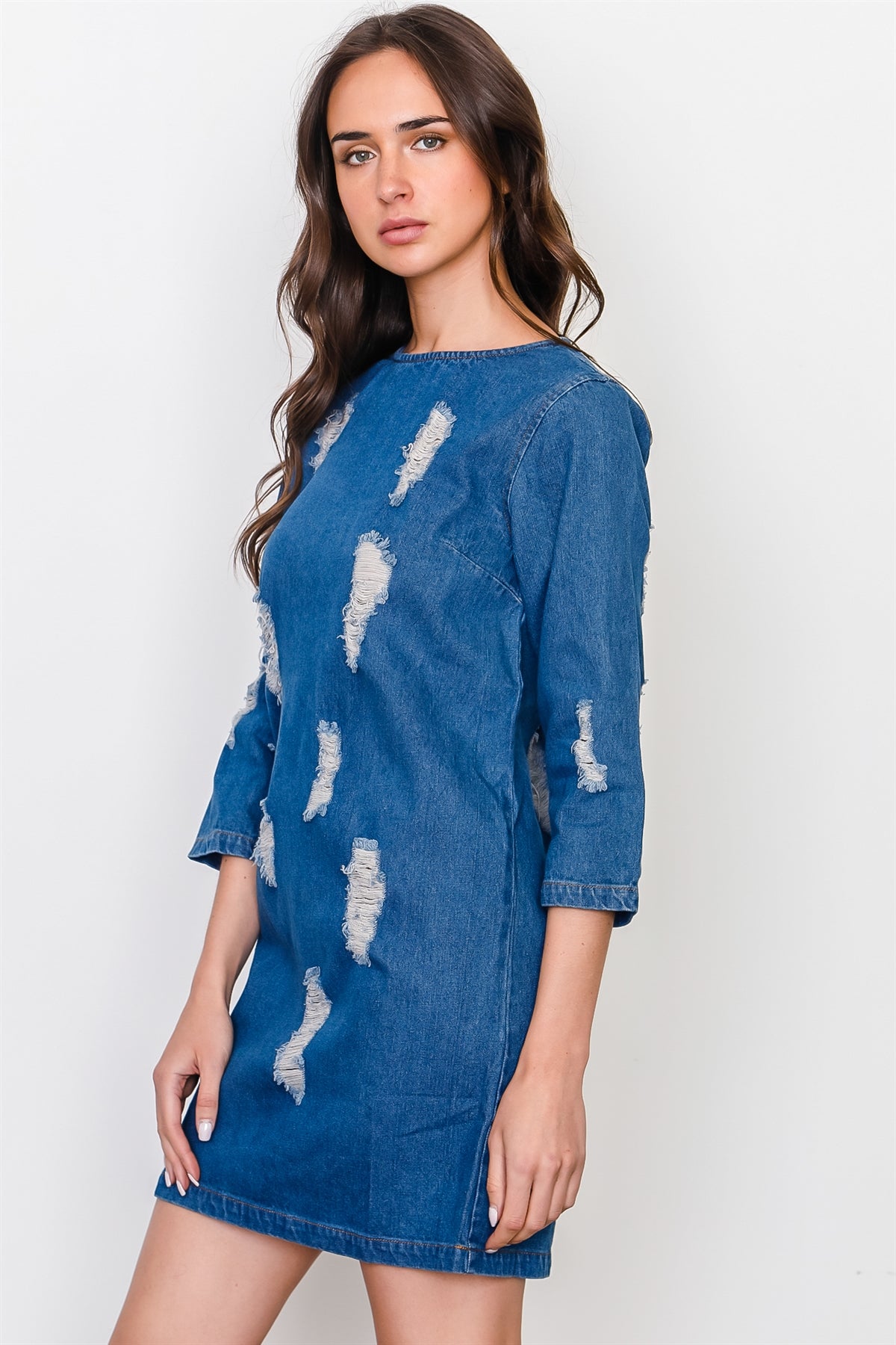 Denim distressed mini dress