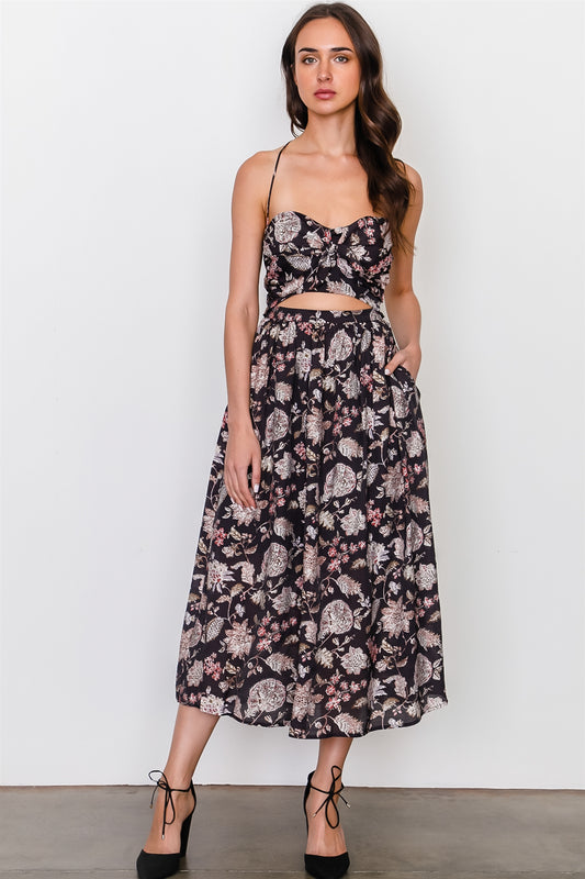 Brown high neck front cutout midi dress