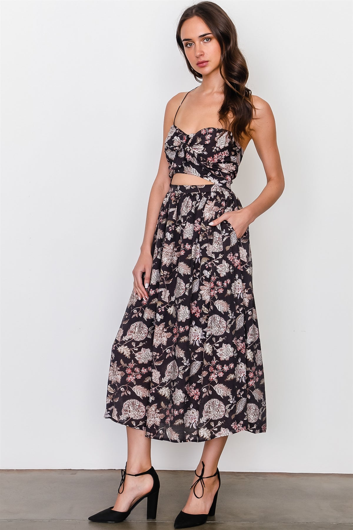 Brown high neck front cutout midi dress