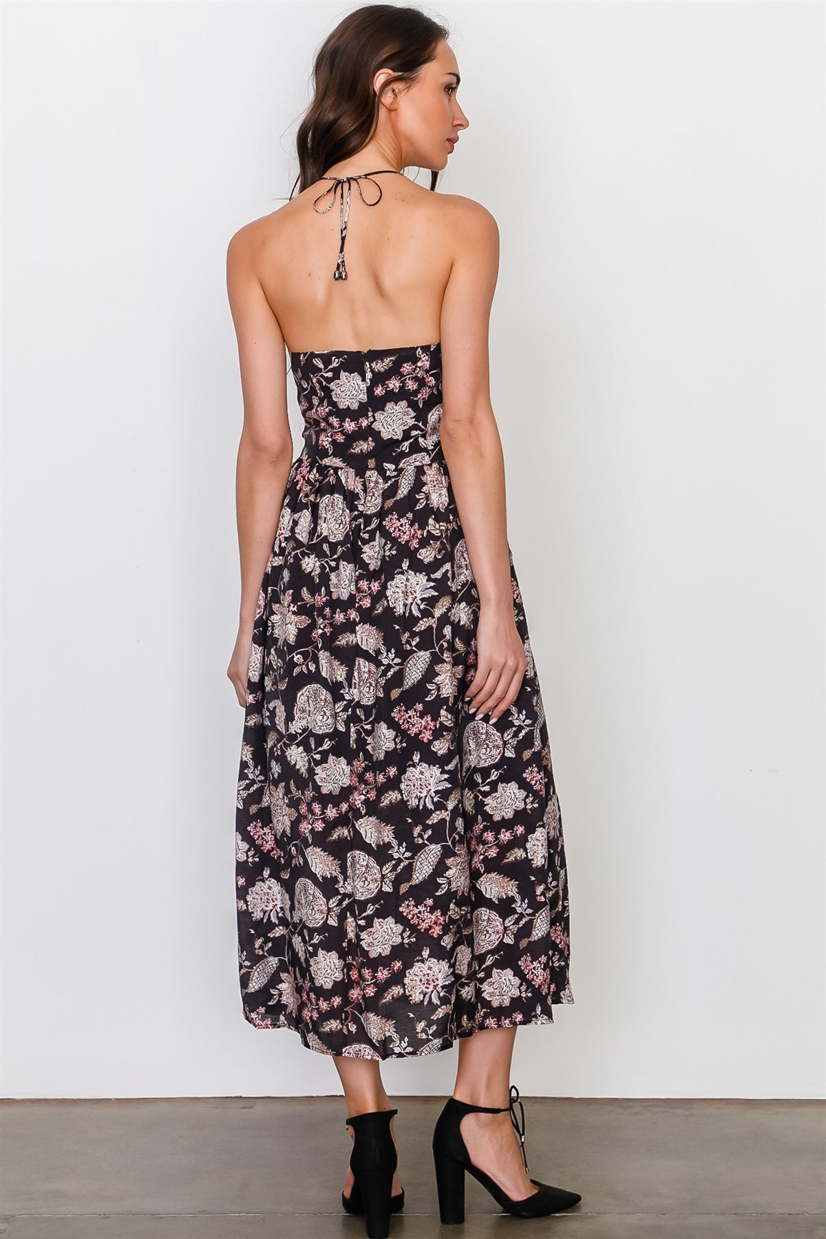Brown high neck front cutout midi dress