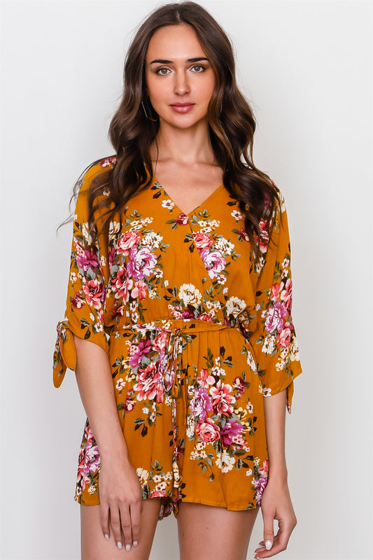 Floral print split sleeve romper