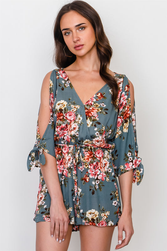 Floral print split sleeve romper