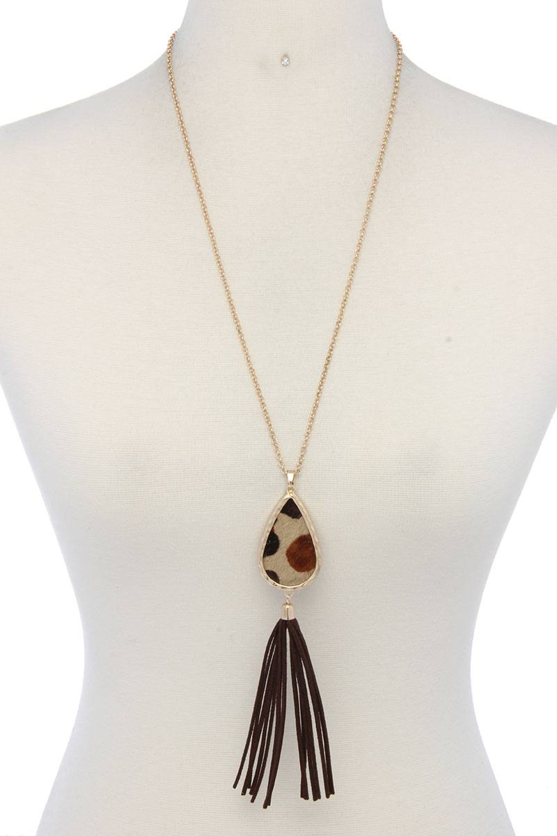 Hammered Teardrop Shape Animal Patter Genuine Leather Tassel Necklace