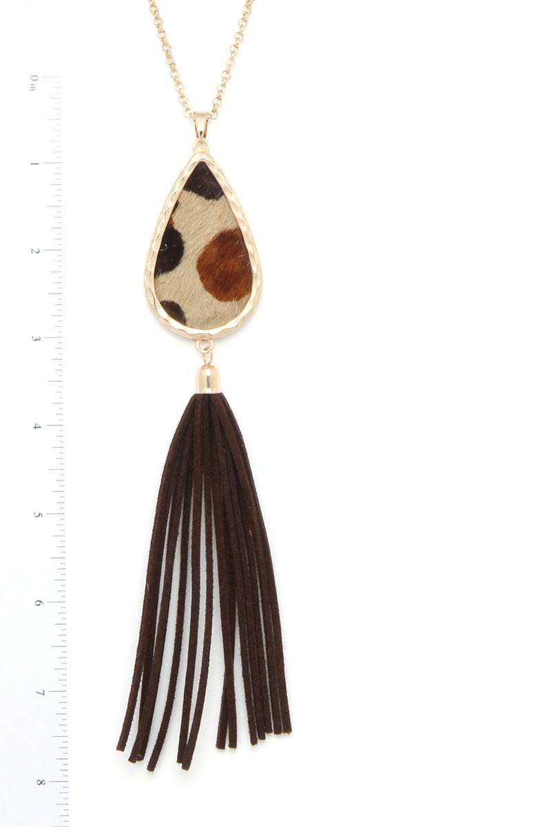 Hammered Teardrop Shape Animal Patter Genuine Leather Tassel Necklace