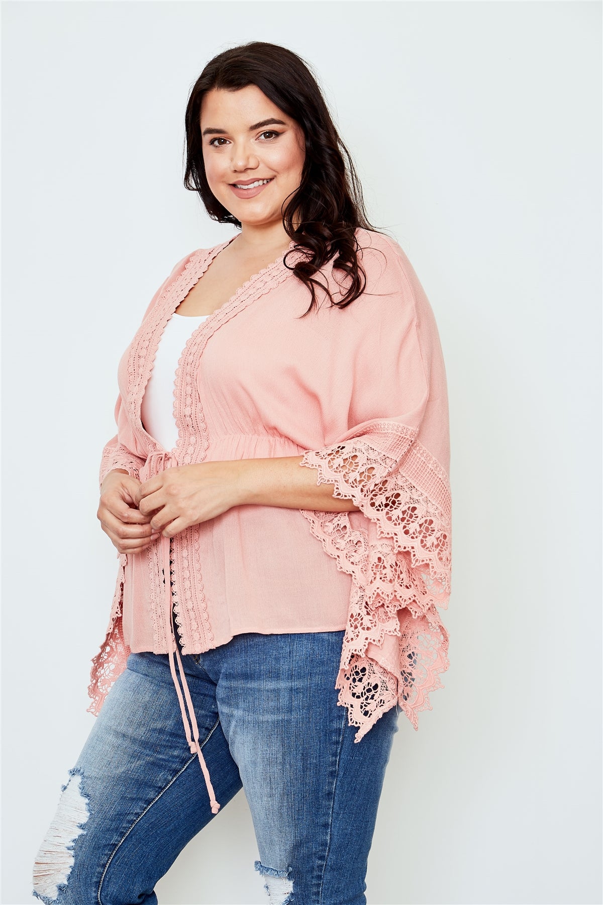 Plus Size Boho Crochet Trim Tie Waist Salmon Kimono