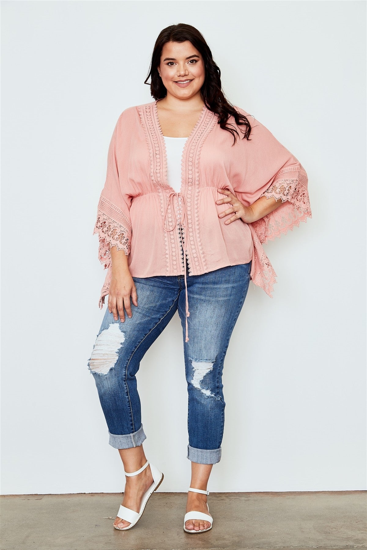 Plus Size Boho Crochet Trim Tie Waist Salmon Kimono