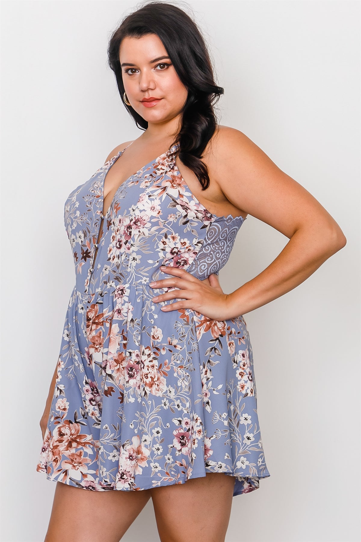Plus Size Floral Print Lace Trim Cut Out Back Romper