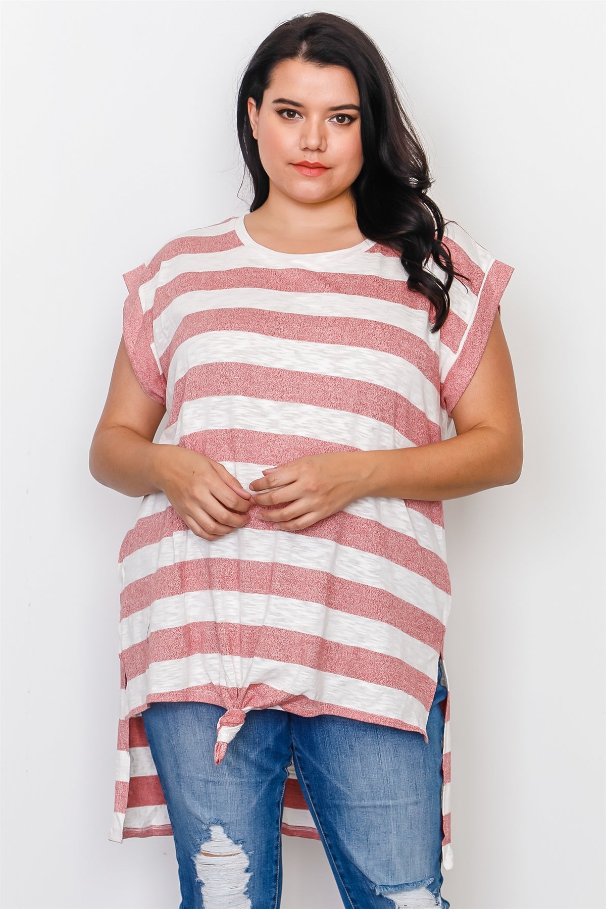 Plus Size Red Stripe Front Knot Hem Top