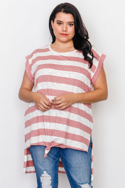 Plus Size Red Stripe Front Knot Hem Top