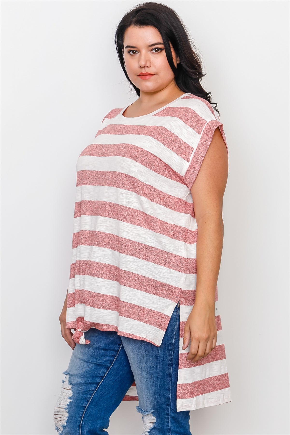 Plus Size Red Stripe Front Knot Hem Top