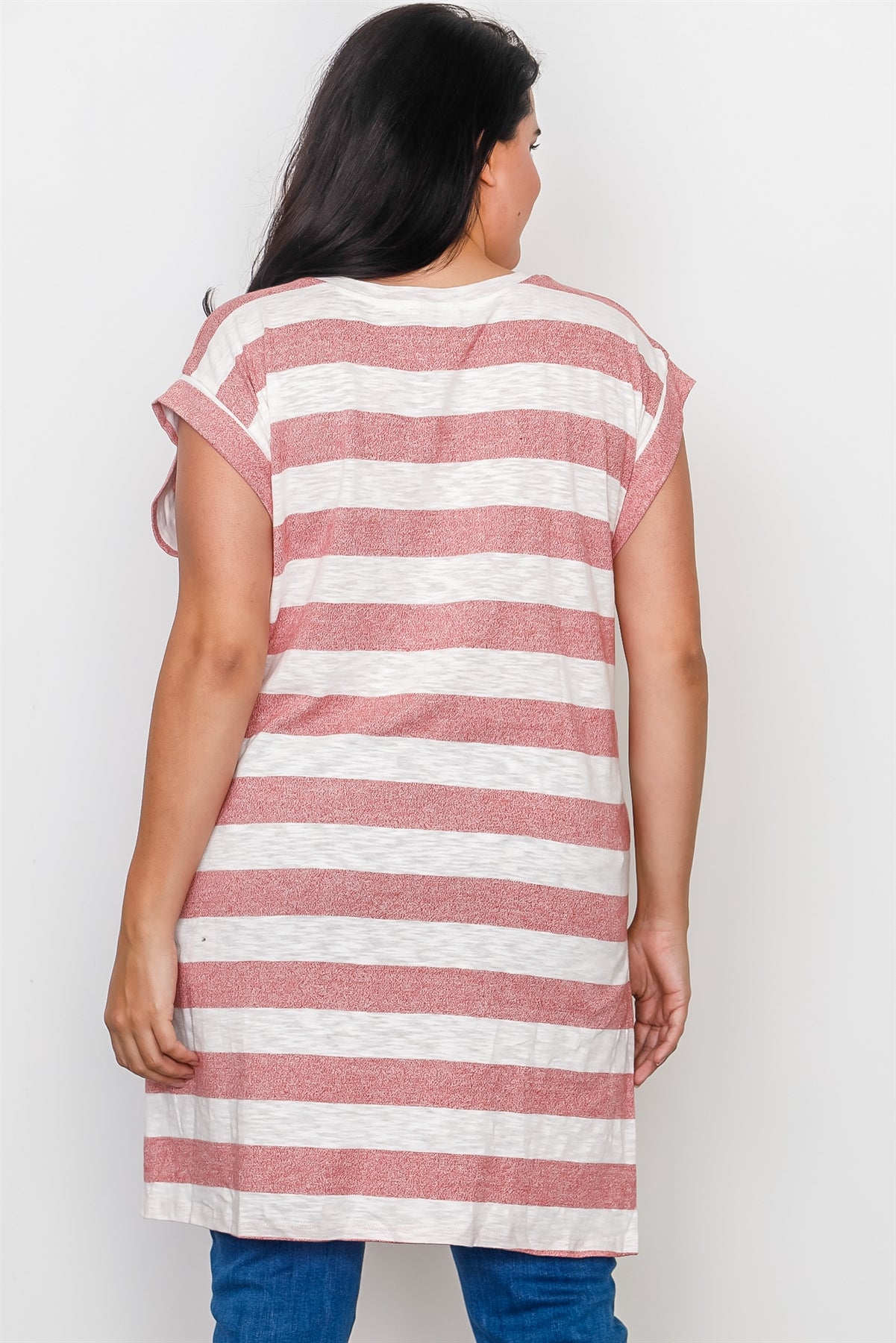 Plus Size Red Stripe Front Knot Hem Top