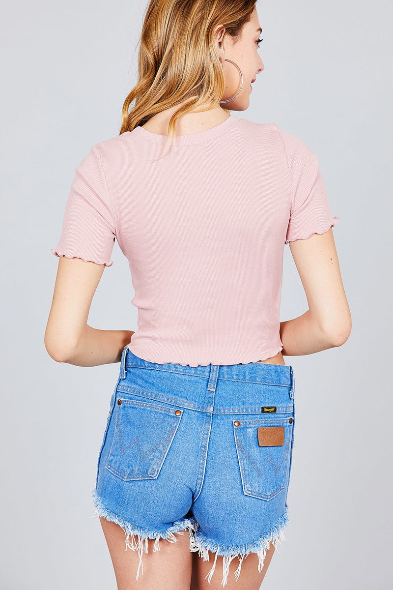Short Sleeve Round Neck Lettuce Hem Rib Crop Top