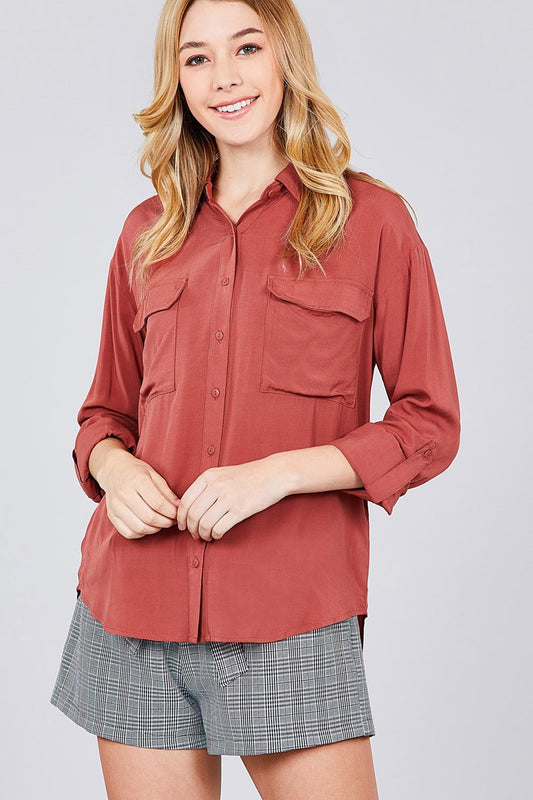 3/4 Roll Up Sleeve Chest Flap Pocket Woven Shirts