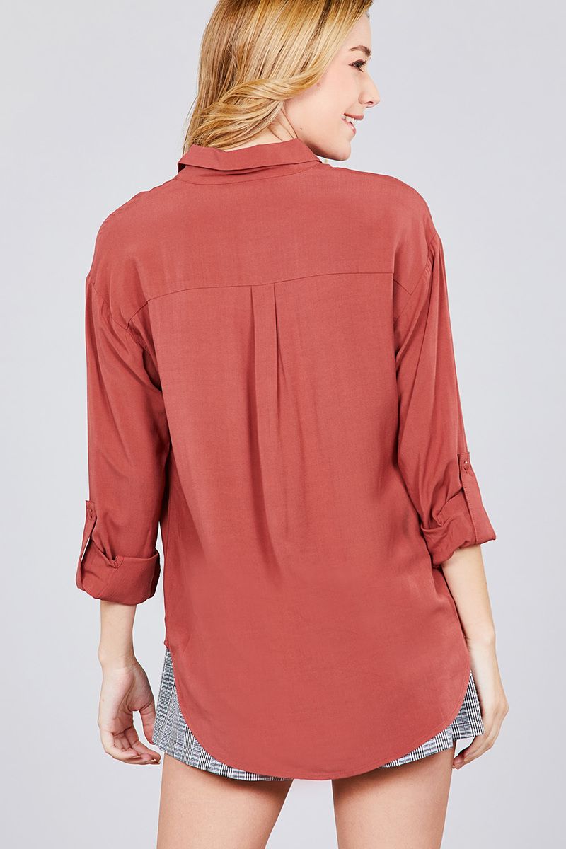 3/4 Roll Up Sleeve Chest Flap Pocket Woven Shirts