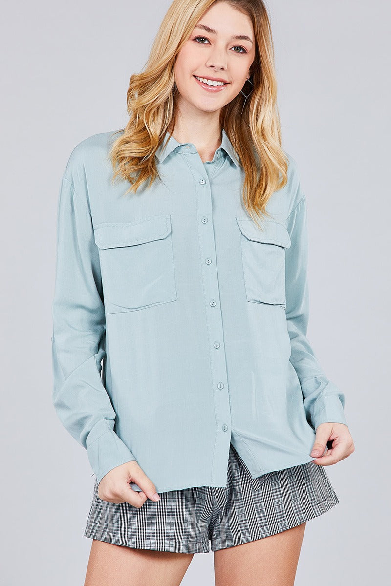 3/4 Roll Up Sleeve Chest Flap Pocket Woven Shirts