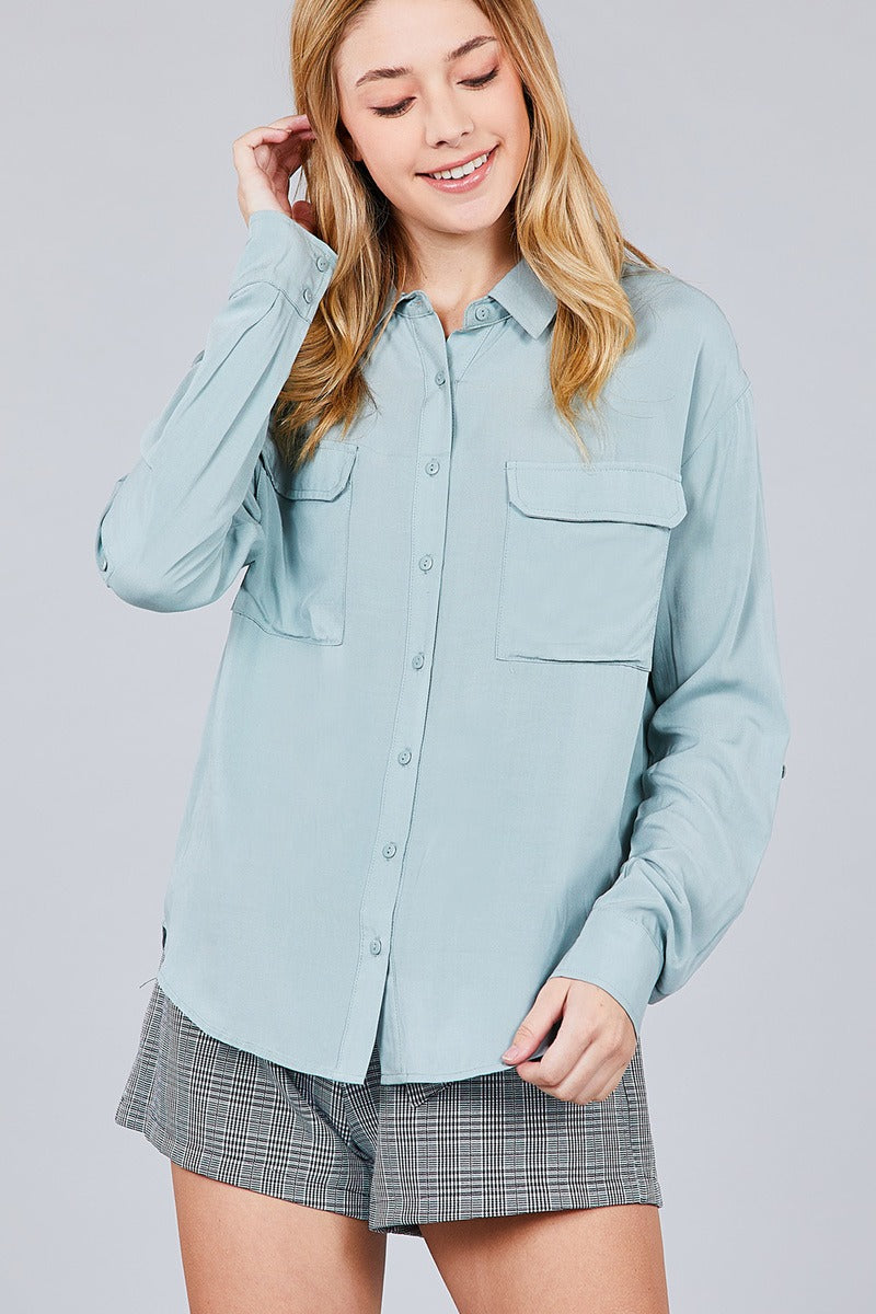 3/4 Roll Up Sleeve Chest Flap Pocket Woven Shirts