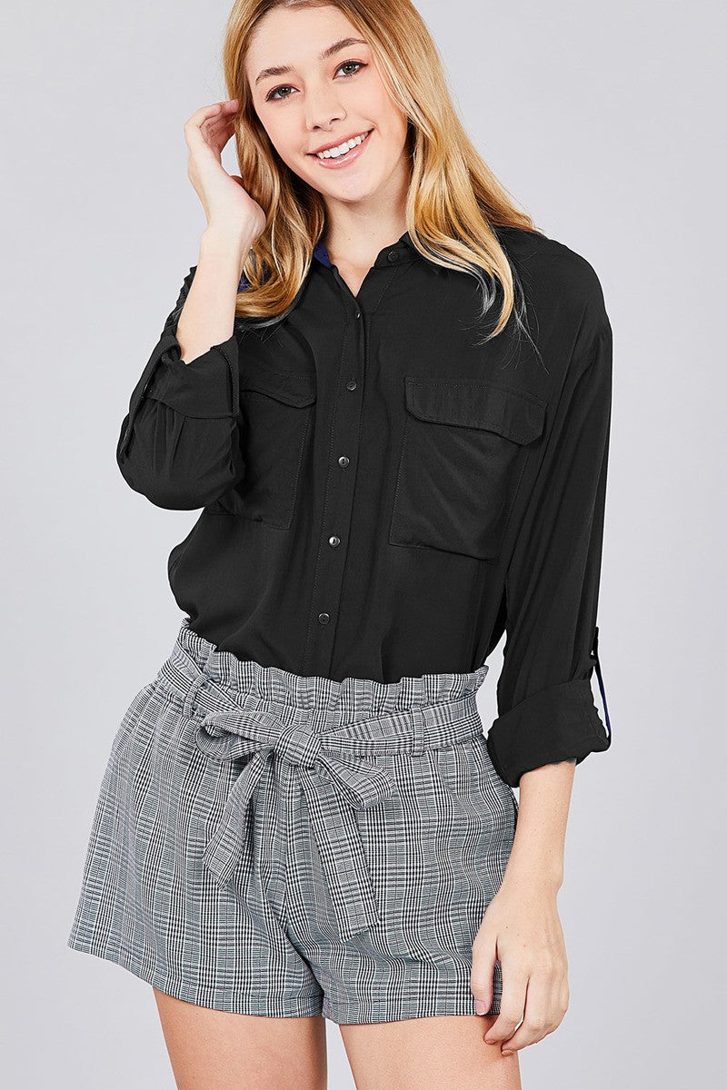 3/4 Roll Up Sleeve Chest Flap Pocket Woven Shirts