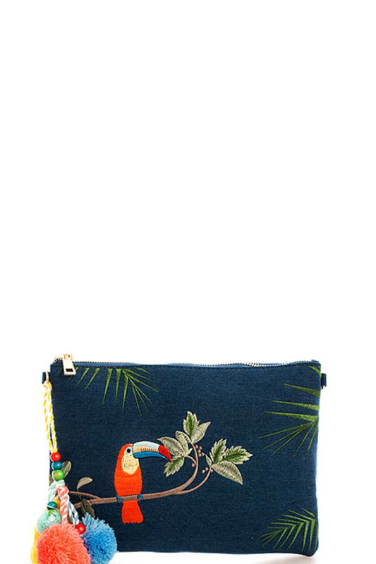 Princess Embroidered Denim Clutch With Long Strap