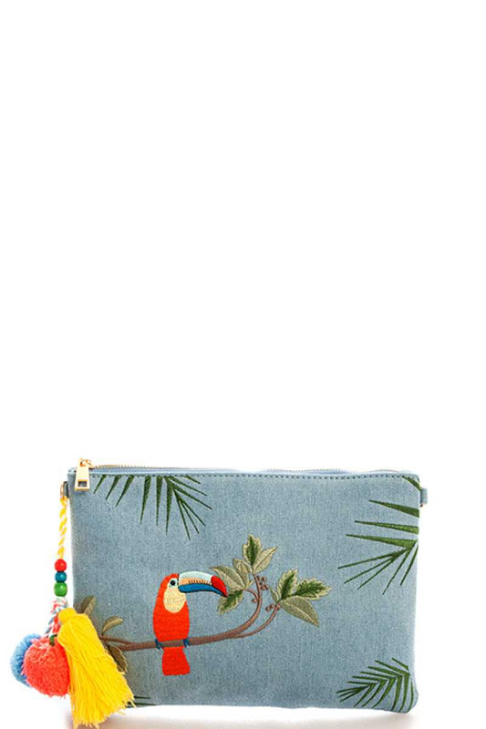 Princess Embroidered Denim Clutch With Long Strap