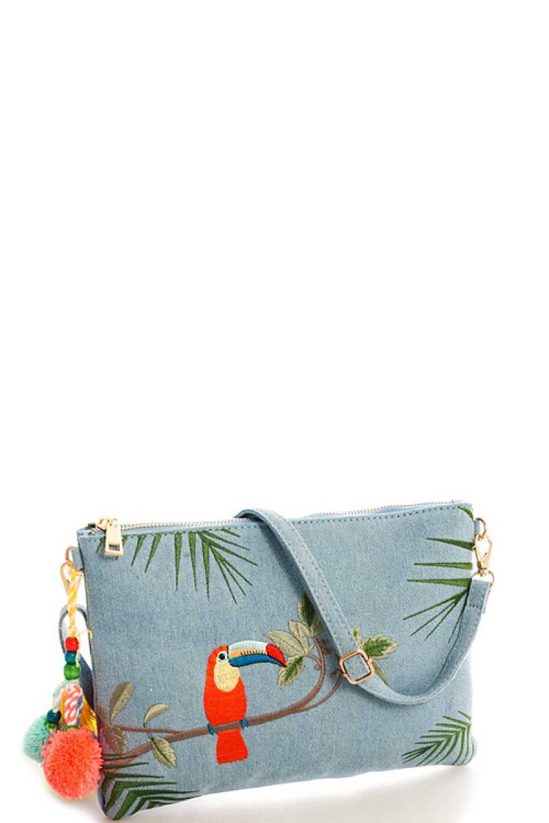Princess Embroidered Denim Clutch With Long Strap