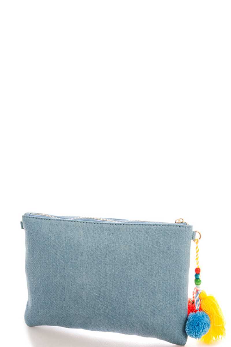 Princess Embroidered Denim Clutch With Long Strap