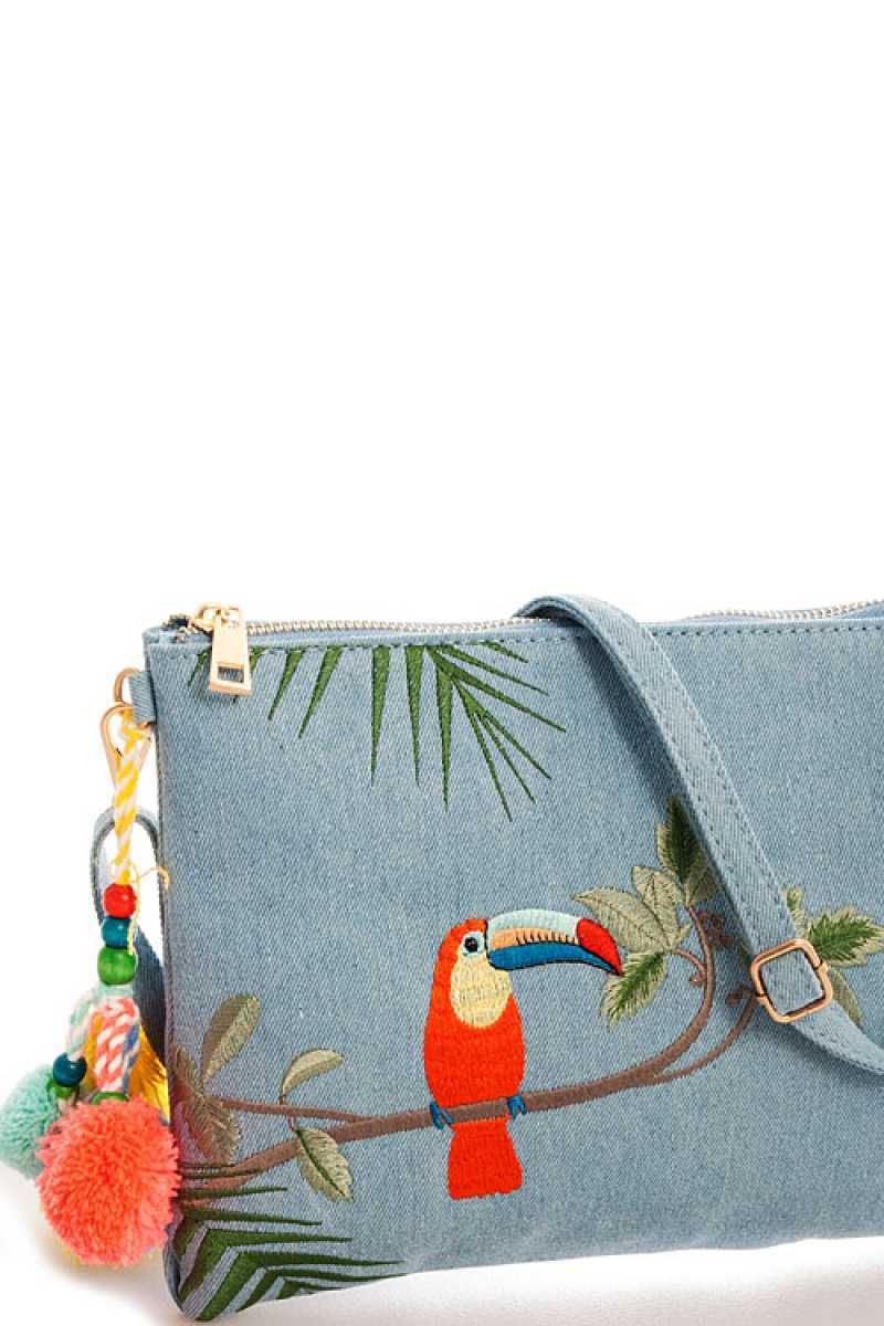 Princess Embroidered Denim Clutch With Long Strap