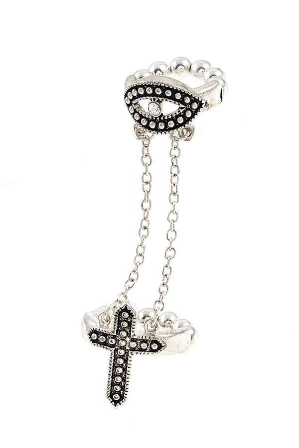 Evil Eye Chain Link Cross Ring