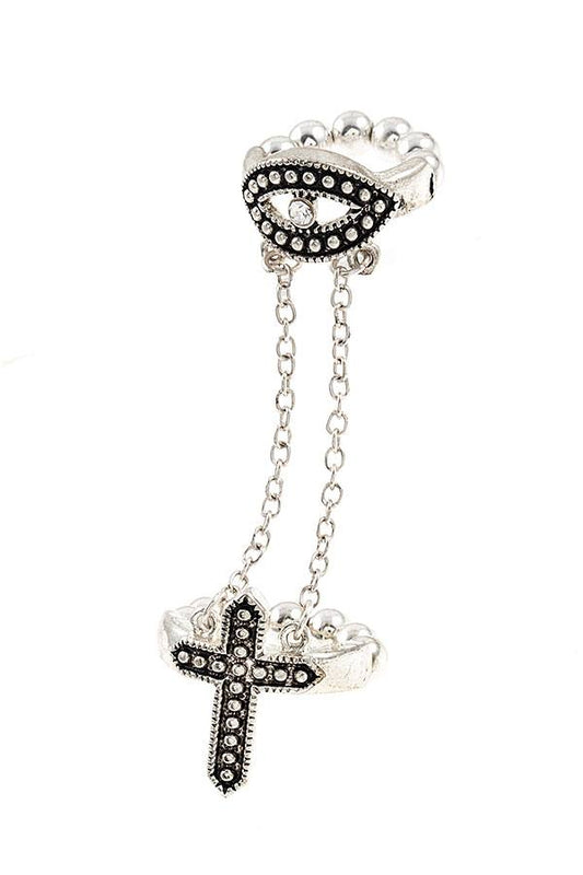 Evil Eye Chain Link Cross Ring