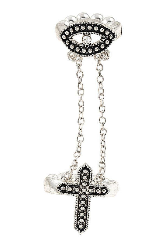 Evil Eye Chain Link Cross Ring