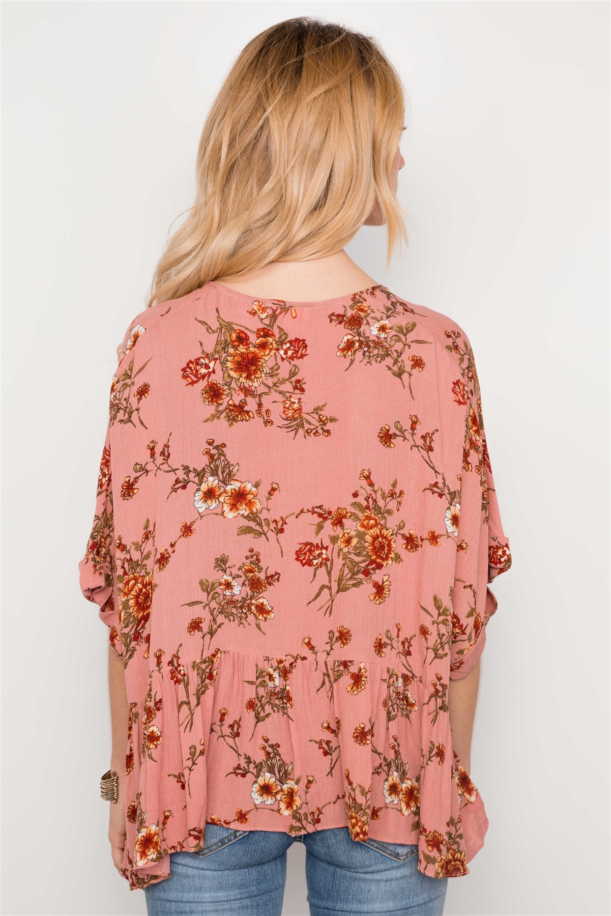 Floral Multi Peach High Low Round Neck Top