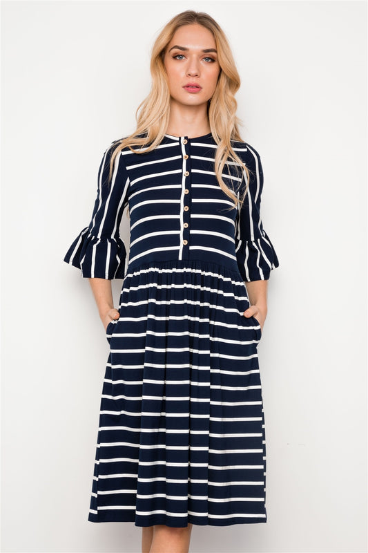Navy Blue Striped Ruffle Sleeve Midi Boho Dress